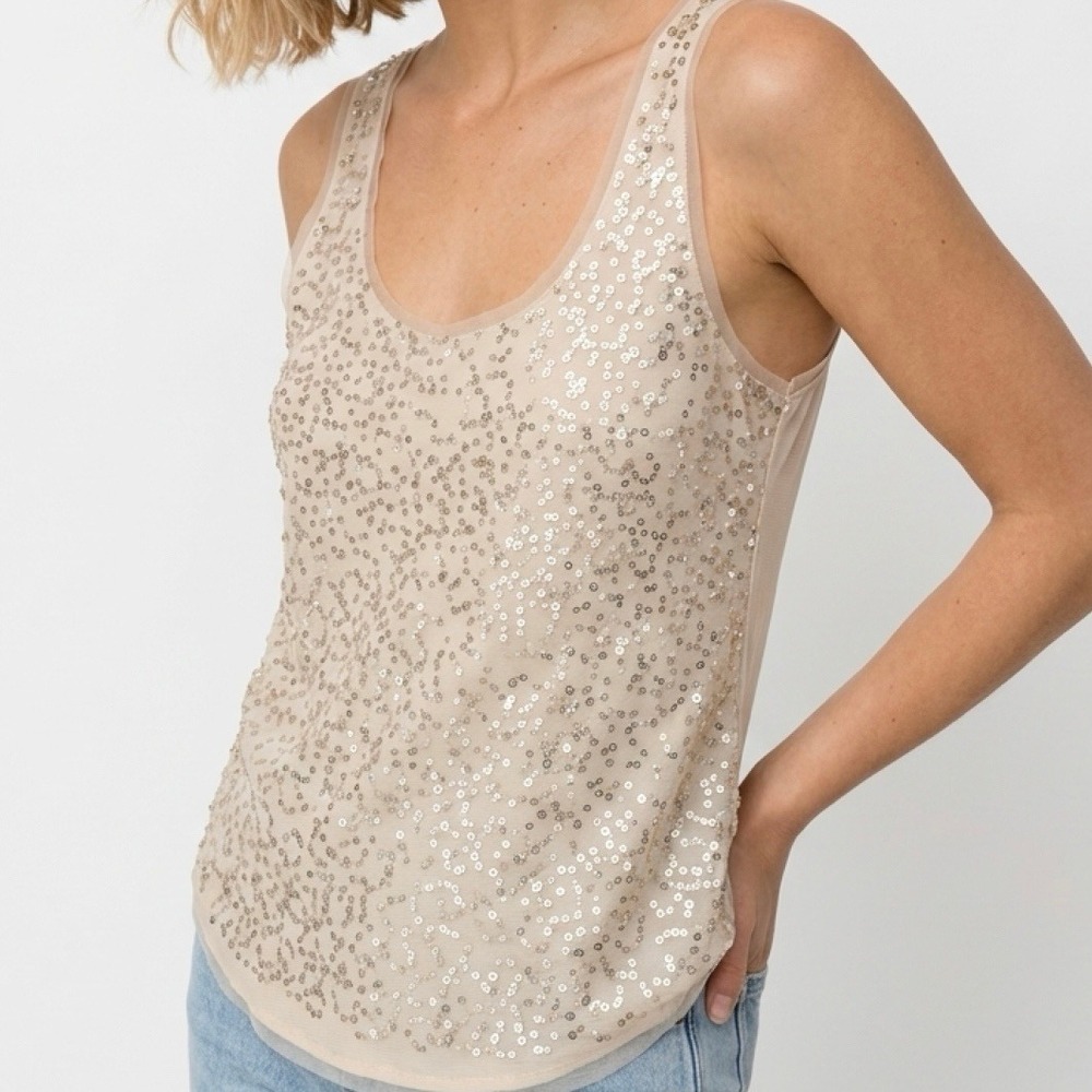American Eagle Tank Top Women 12 Champagne Glam Satin Y2K Sequin Mesh Racerback